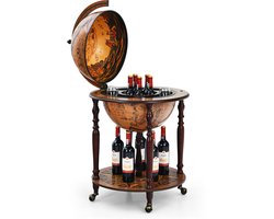 COSTWAY Wereldbol barwagen, wijnbar standaard, 16e eeuws italiaans wijnkast met wielen, rustiek houten wijnplank, verplaatsbaar wereldbol globebar wijnrek voor eetkamer & woonkamer, retro bruin