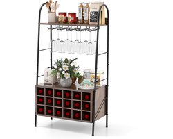 COSTWAY Wijnrek, flessenrek voor 18 flessen, wijnstandaard met 5 wijnglashouders en 2 planken, 110 cm wijnhouder vrijstaand, wijnflessenrek voor keuken, kelder, bar, rustiek bruin, 63 x 32 x 114,5 cm