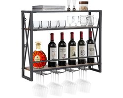 COSTWAY Wijnrek met 3 niveaus, houten flessenrek met metalen frame, met 4 rijen wijnglazenhouder, industrieel design, ideaal voor thuis, bar, keuken, restaurant