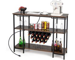 COSTWAY Wijnrek met glazen houder en planken, 3 niveaus, flessenrek met stopcontacten, voor 15 wijnflessen, industri毛le en vrijstaande wijnkast voor thuis, keuken, bar, 113 x 35 x 85 cm