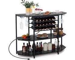 COSTWAY Wijnrek met glazen houder en planken, 3 niveaus, flessenrek met stopcontacten, voor 21 wijnflessen, industri毛le en vrijstaande wijnkast voor thuis, keuken, bar, 120 x 40 x 92 cm