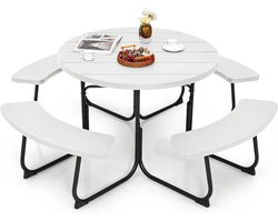 COSTWAY Zitgarnituur voor 8 personen, picknicktafel met parasolgat en 4 banken, ronde tuintafel, tuingarnituur, tuinmeubelen, zitgroep voor tuin, terras (wit)