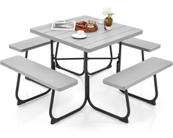 COSTWAY Zitgarnituur voor 8 personen, picknicktafel met parasolgat en 4 banken, vierkante tuintafel, tuingarnituur, tuinmeubelen, zitgroep voor tuin, terras (Grijs)