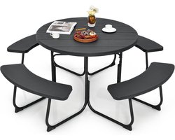 COSTWAY Zitmeubelen voor 8 personen, picknicktafel met parasolgat en 4 banken, ronde tuintafel met HDPE-tafelblad en metalen frame, tuinmeubelen, zitgroep voor tuin, terras