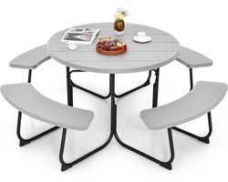 COSTWAY Zitmeubelen voor 8 personen, picknicktafel met parasolgat en 4 banken, ronde tuintafel met HDPE-tafelblad en metalen frame, tuinmeubelen, zitgroep voor tuin, terras