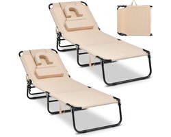COSTWAY Zonneligstoel met gezichtsopening, inklapbare ligstoel met 3 afneembare kussens en 5-voudig verstelbare rugleuning, strandstoel, ligstoel voor tuin en zwembad, beige