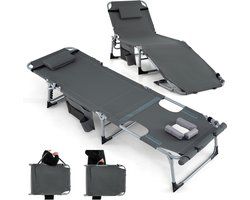 COSTWAY Zonneligstoel met gezichtsopening, opvouwbare ligstoel met verstelbare rugleuning en voetensteun, afneembaar kussen, zijzak, ligstoel voor strand, tuin, balkon, grijs