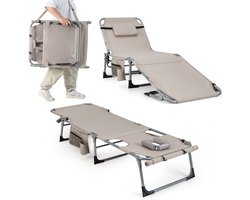 COSTWAY Zonneligstoel met gezichtsopening, opvouwbare ligstoel met verstelbare rugleuning en voetensteun, afneembaar kussen, zijzak, ligstoel voor strand, tuin, balkon, zandkleurig