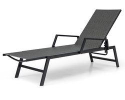 COSTWAY Zonneligstoel, rotan, ligstoel met verstelbare rugleuning en armleuningen, belastbaar tot 150 kg, ligstoel voor tuin, terras, zwembad