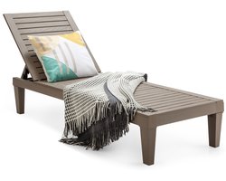 COSTWAY Zonneligstoel, weerbestendig, tuinligstoel met verstelbare rugleuning, balkonligstoel van kunststof, terrasligstoel in houtlook, ligstoel tot 180 kg belastbaar, voor tuin, terras (bruin)
