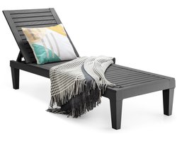 COSTWAY Zonneligstoel, weerbestendig, tuinligstoel met verstelbare rugleuning, balkonligstoel van kunststof, terrasligstoel in houtlook, ligstoel tot 180 kg belastbaar, voor tuin, terras, zwart