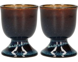 Cosy & Trendy Eierdopje - 2x stuks - porselein - blauw/bruin - 5 cm - eierdopjes