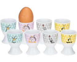 Cosy & Trendy Eierdopjes - dieren - 8-delig - porselein - wit - D5 x H6.7 cm