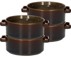 Cosy & Trendy Kommetjes / soepkommen voor dessert/ontbijt - 4x - Porselein - D13 x 5.5 cm - groen/bruin - met oortjes - stapelbaar