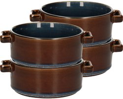 Cosy & Trendy Kommetjes/soepkommen voor dessert/ontbijt - 4x - Porselein - D13 x 5.5 cm - blauw/bruin - met oortjes - stapelbaar