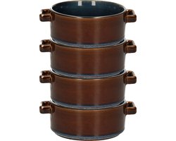 Cosy & Trendy Kommetjes/soepkommen voor dessert/ontbijt - 6x - Porselein - D13 x 5.5 cm - blauw/bruin - met oortjes - stapelbaar