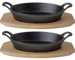 Cosy & Trendy Ovenschaal/gratinschaal - Set van 4x stuks - gietijzer - op houten plank - 30 x 17 x 5 cm - Serveerschaal