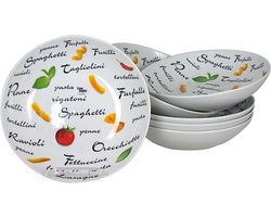 Cosy & Trendy Pastaborden set van 6x stuks - diep - wit met print - D20 x H4 cm - rond - diepe borden - servies
