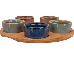 Cosy & Trendy serveerplank bamboe dia 25 cm met 5x luxe hapjes/saus/tapas schaaltjes