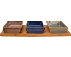 Cosy & Trendy Serveerplank bamboe - met 3 luxe schaaltjes - 31 x 15 cm - tapas em saus schaaltjes