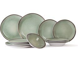 Cosy & Trendy Serviesset Fez Groen 12-delig - Servies Set 4 Personen - Modern Design Aardewerk - Vaatwasser- & Magnetronbestendig