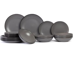 Cosy & Trendy Serviesset Speckle – Grijs – 18-delig / 6 Personen – Bevat 6 Dinerborden, 6 Diepe Borden en 6 Ontbijtborden – Grijs aardewerk met speckle effect – Vaatwasser- en Magnetronbestendig – Stapelbaar