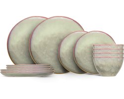 Cosy & Trendy Serviesset Trentino Groen & Roze 12-delig – Servies Set 4 Personen – Modern Design Aardewerk – Vaatwasser- & Magnetronbestendig