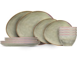 Cosy & Trendy Serviesset Trentino Groen/Roze 12-delig - Servies Set 4 Personen - Modern Design Aardewerk - Vaatwasser- & Magnetronbestendig