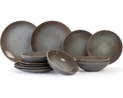 Cosy & Trendy Serviesset Urban - 12-delig / 4 personen - 4 dinerborden, 4 ontbijtborden en 4 diepe borden - Hoogwaardig aardewerk - Vaatwasser- en magnetronbestendig - Blauwgrijs met bruine accenten - 28 x 22 x 20 cm - Servies - Tafelaccessoires