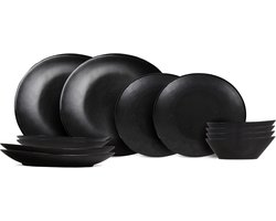 Cosy & Trendy Serviesset Vongola Black 12-Delig / 4 personen - 4 dinerborden, 4 ontbijtborden en 4 kommen