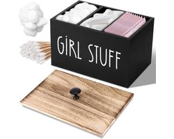 Cotton Swab Dispenser - Zwarte Cotton Swab Houder - Badkamer Tampon Houder - Houten Opbergdoos met Drie Compartimenten en Deksel voor Badkamer en Dressoir