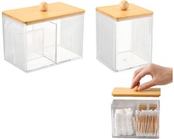 Cotton Swab Houder Set van 2 met Bamboe Deksel, Transparant voor Organisatie in Badkamer, Slaapkamer en Woonkamer