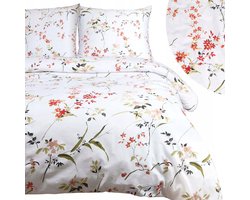 Cottonlove Katoenen Dekbedovertrek Set 180x200cm Bloemen Wit/Multicolor