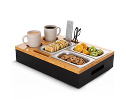 Couch & Chill Sofa Tray - Snack Organizer voor de Bank - Bank Opbergbox - Organizer voor de Bank - Afstandsbediening Houder - Snack Opbergbox - Woonkamer Organizer - Houten Opbergbox - 39,7 × 26 × 7,5 cm - Zwart Geel