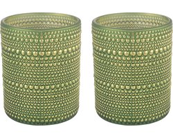 Countryfield Luxe theelichthouder - 2x stuks - Aurora - glas - olijfgroen/goud - D8 x H10 cm