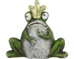 Countryfield Tuinbeeld kikker met gouden kroontje - kunststeen - H11 cm - groen