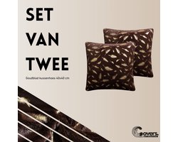 Covers By Ralfos - Set van 2 | Kussenhoes 40x40cm | Bruin Pluche Bladgoud | Kerstsfeer | Luxe Sierkussenhoes | Velvet Look | Kerst | Zonder Vulling
