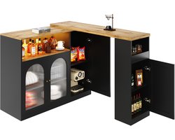 COVREO 360° draaibare bartafel met opbergkast - 198x39,6x97 cm - mat zwart met houtnerf - glazen deur en LED-verlichting - sideboard voor keuken, eetkamer of koffiehoek