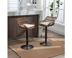 COVREO Barkruk 49 x 48 x 89-109 cm beige, rotan en stof, 360 graden draaibaar, set van 2