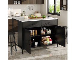 COVREO Bartafel 100 x 90 x 90 cm - zwart, marmerlook fineer blad, 2 lades en opbergkast