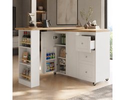 COVREO Bartafel 203x39x106 cm - uitklapbaar, 360° draaibaar, op wielen, wit