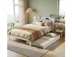 COVREO Bed 120x200 cm wit, van hout met uitschuifbed en hoofdbord