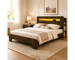 COVREO bed 140 x 200 cm - hout, met opbergruimte in hoofdbord, LED en stopcontacten