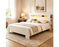 COVREO bed 140 x 200 cm - wit houten bedframe met opbergruimte, LED en stopcontacten