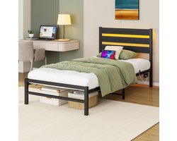 COVREO Bed 207x90x96 cm – zwart, metaal en MDF, LED, USB en 27 cm opbergruimte
