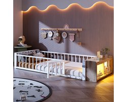COVREO Bed 90x200 cm wit, MDF en metaal met opbergruimte en LED