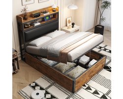 COVREO Bed 90x200 cm zwart met opbergruimte en USB zonder matras