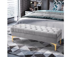 COVREO Bedbank 118x45x42 cm lichtgrijs, hout met gouden metalen poten