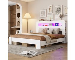 COVREO bedframe 180 x 200 cm - wit, houten bed met opbergruimte, LED en stopcontacten