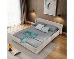 COVREO Bedframe met rugleuning – 140x200 cm – Tweepersoonsbed van chenille en schuim – voor slaapkamer en logeerkamer – Beige - zonder matras